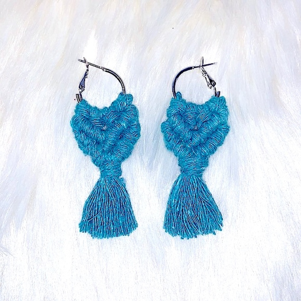 🆕*Macrame Earrings Handmade Teal Cotton Macrame Silver Hoops 4 Bohemian …